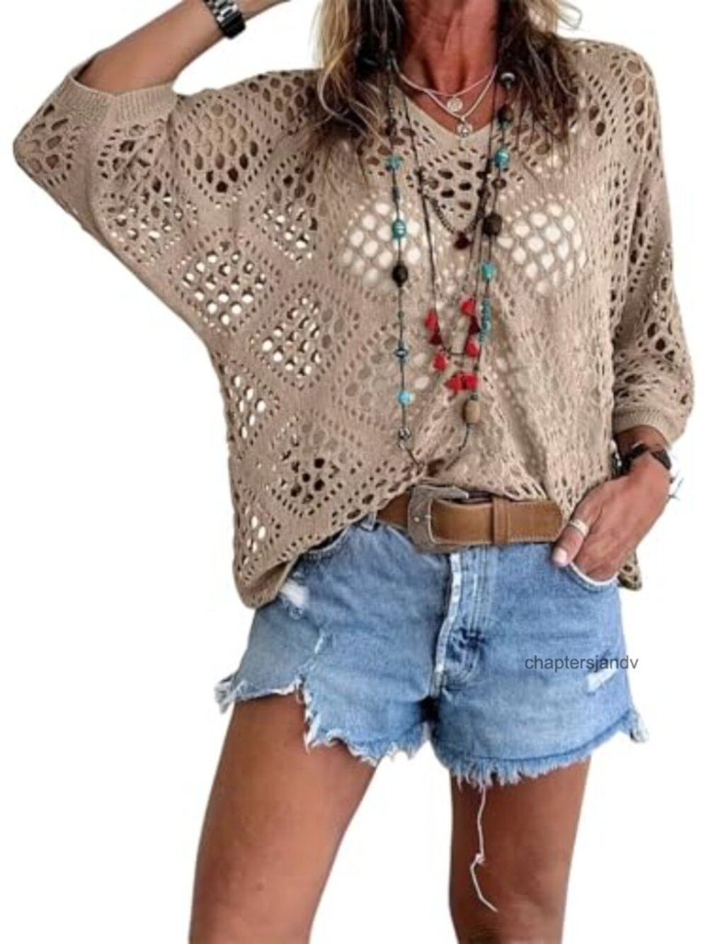 Women Crochet Boho V-Neck Lightweight Knit Cover-Up Sweater Top